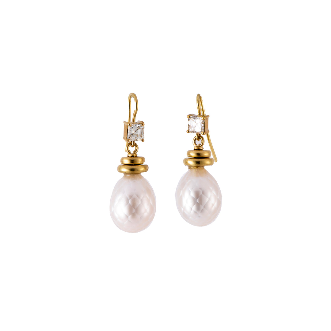 Pearl and Asscher Cut Diamond Earrings