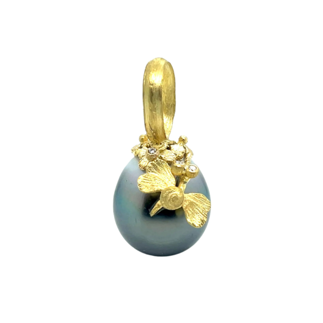 Tahitian Pearl with Hummingbird and Flowers Pendant